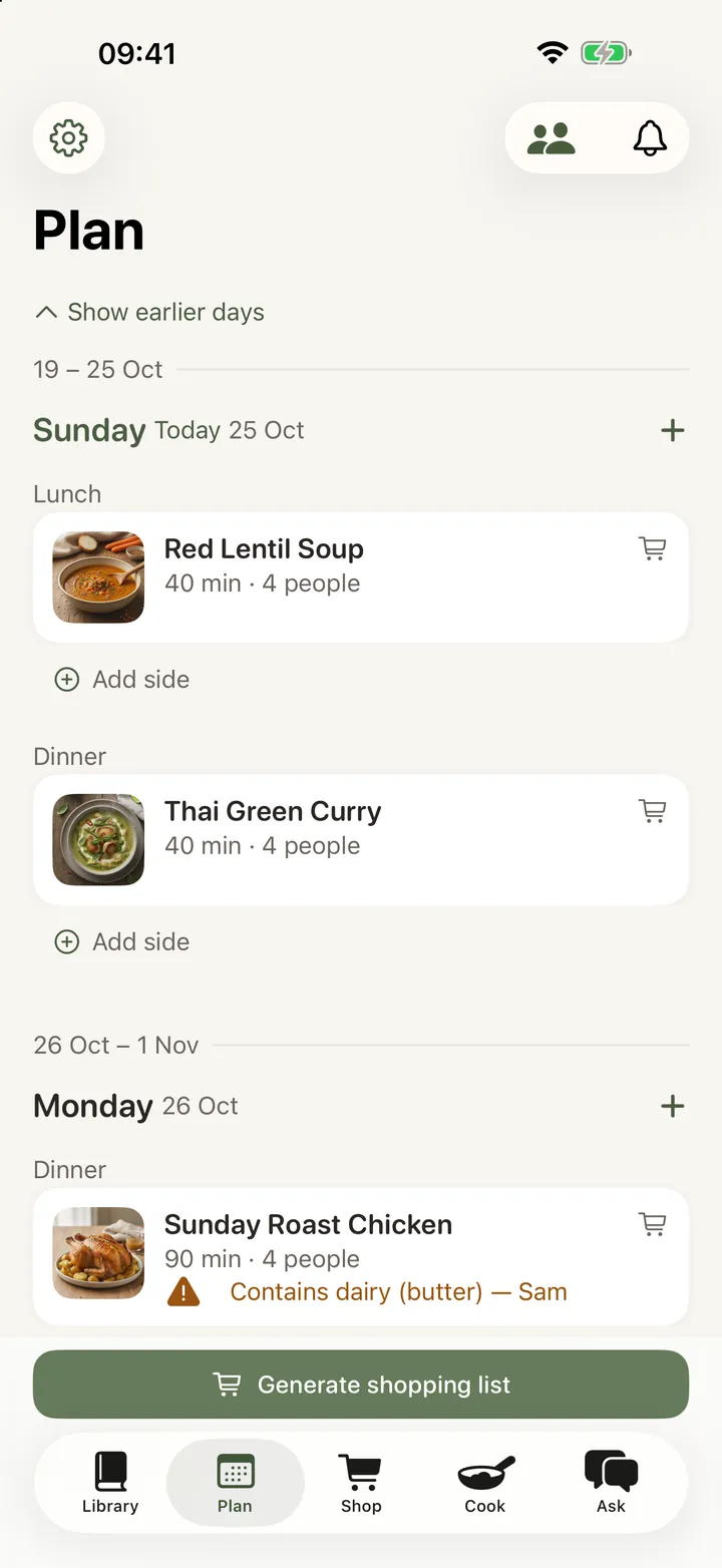 The week planner: Saturday's lunch and dinner as recipe cards with cooking time and how many people are eating, each marked as not shopped for yet. A button underneath builds the shopping list.