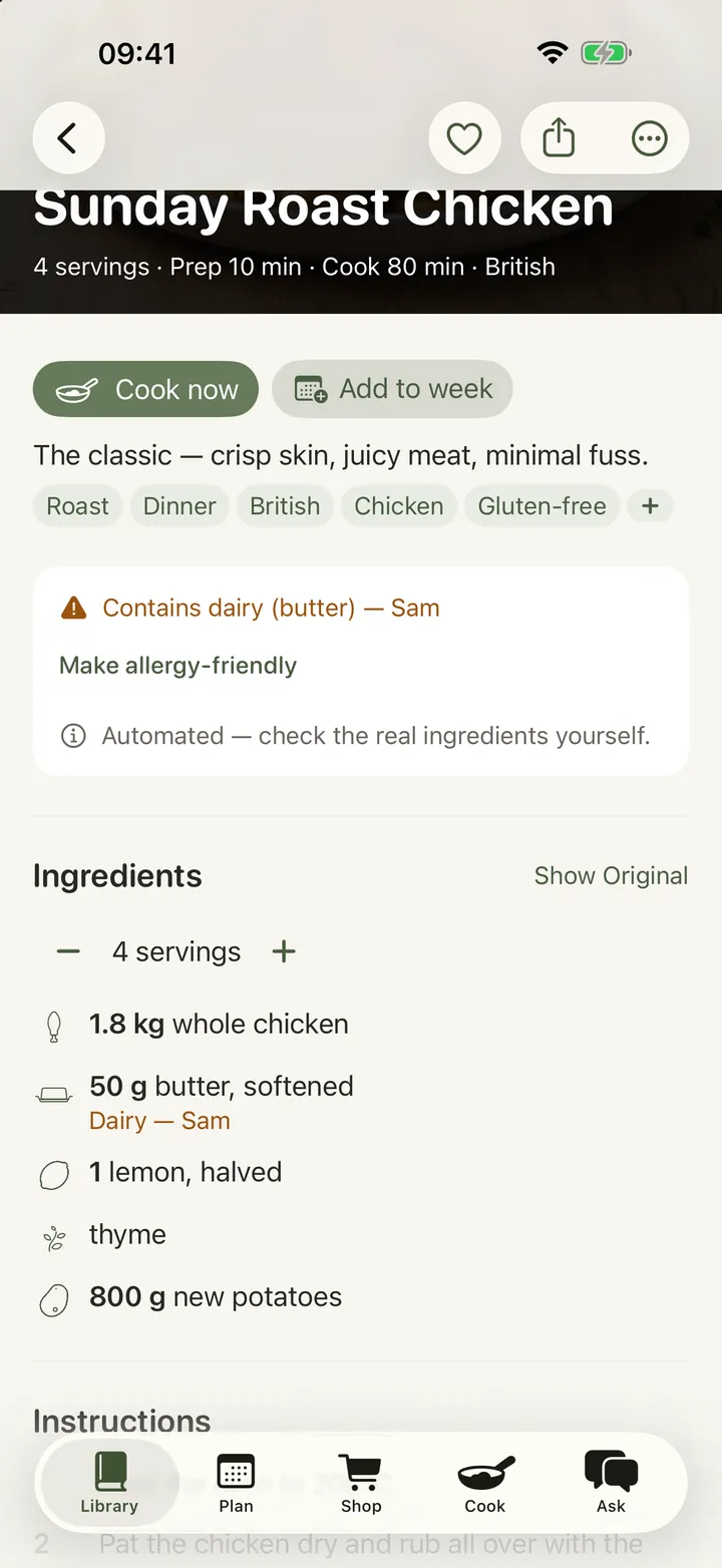 A roast chicken recipe: a gluten-free tag under the title, a servings stepper, an ingredient list with an illustration beside each item, and numbered instructions.