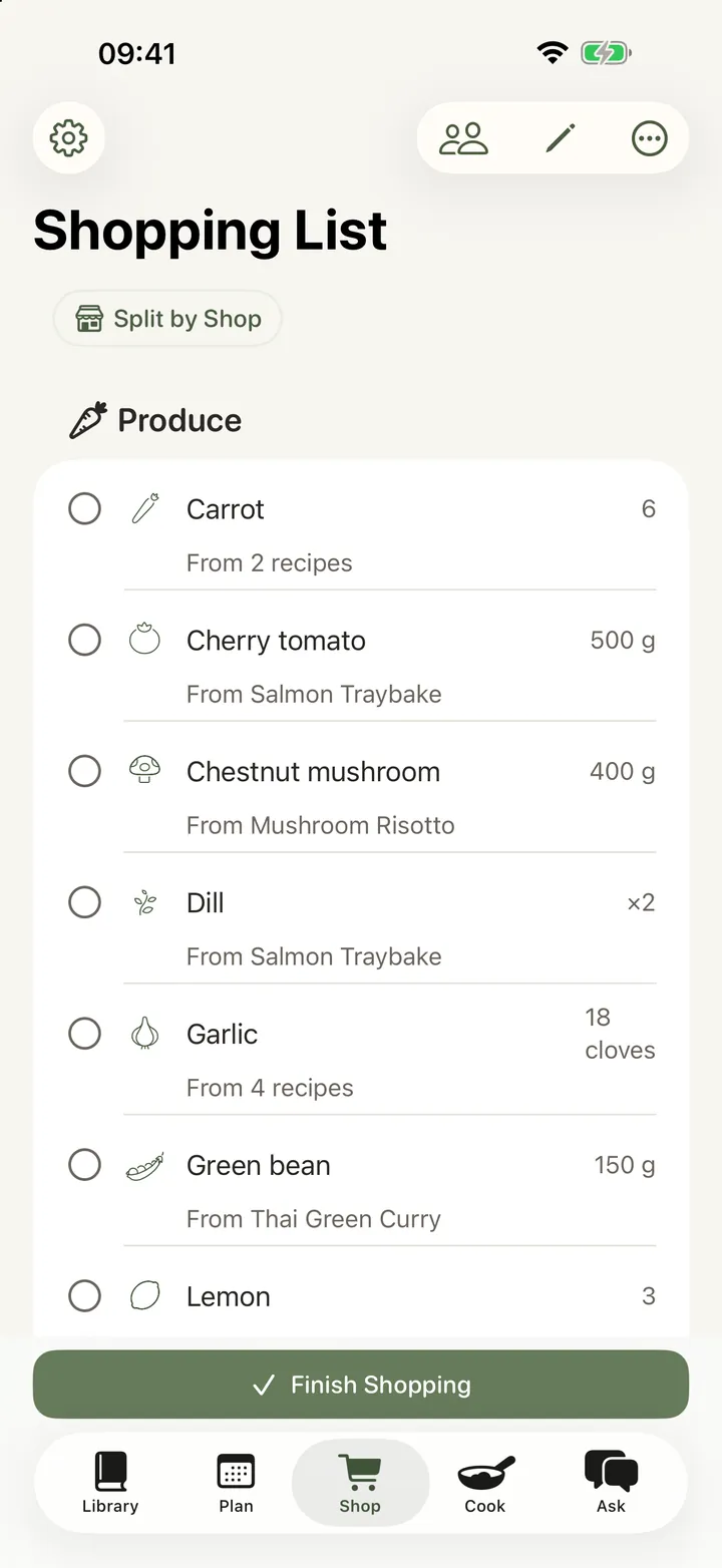 The shopping list in the shop: produce items with an illustration and an amount each, every one with an empty circle to tick off as it goes in the trolley.