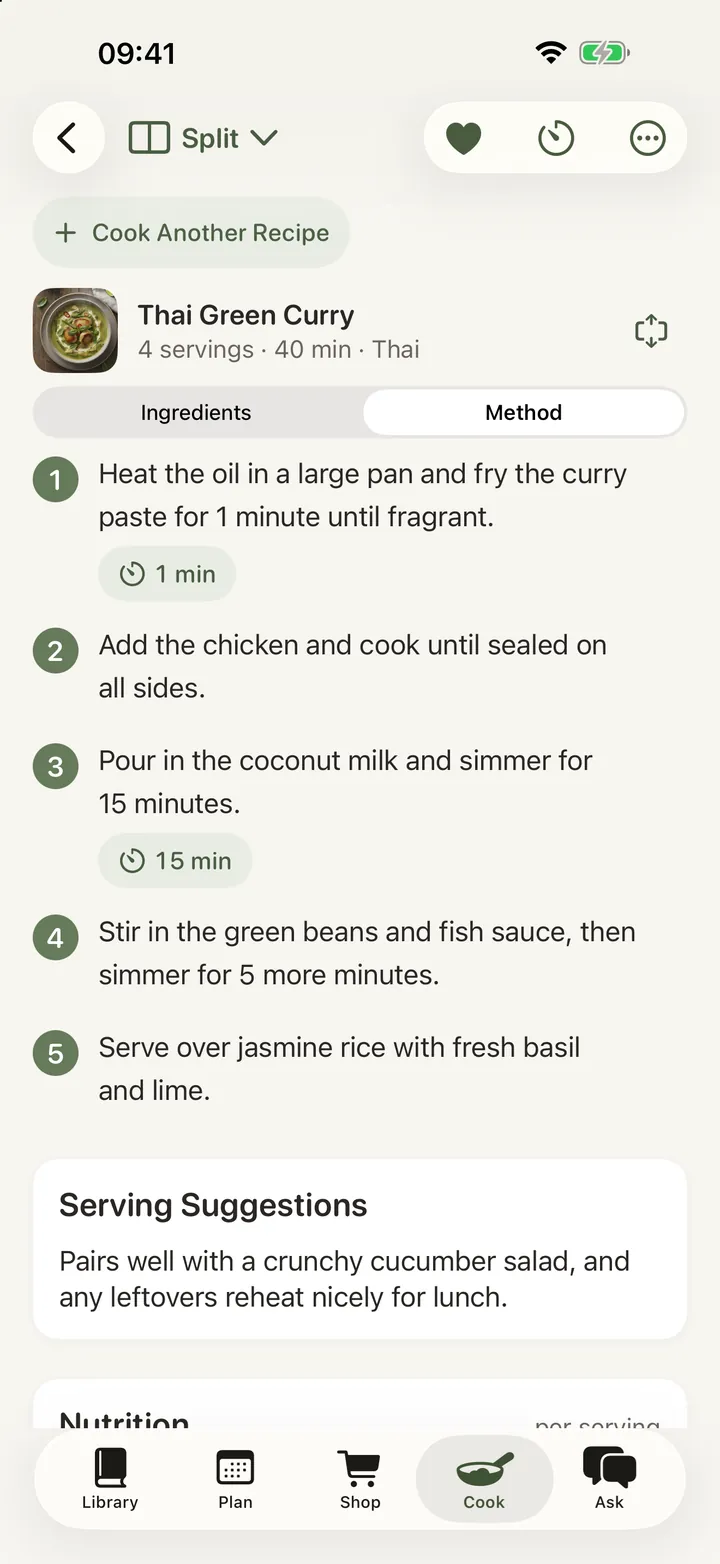 A curry recipe's method: numbered steps with a timer button lifted out of the step that mentions a duration, then serving suggestions and per-serving nutrition.