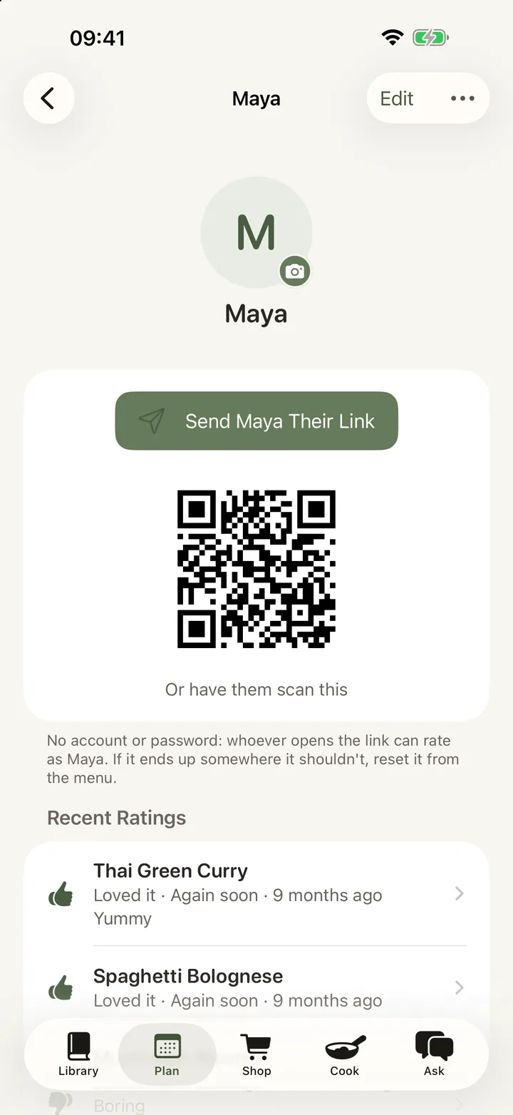 One person's page in the household: their allergies, the foods they won't eat and the ones they dislike, each on its own row, then the private link that lets them rate meals without an account.