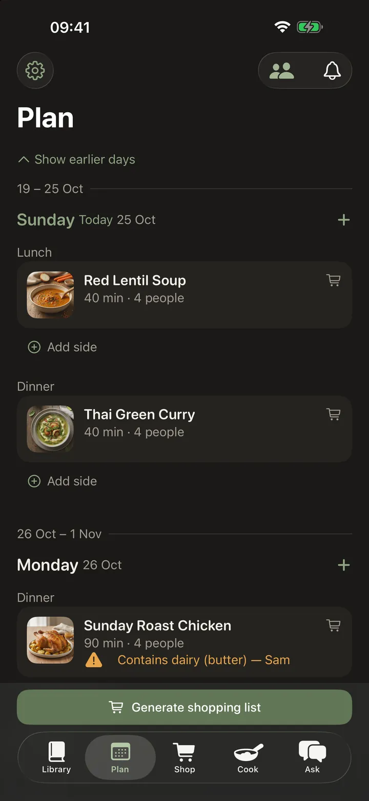 The week planner: Saturday's lunch and dinner as recipe cards with cooking time and how many people are eating, each marked as not shopped for yet. A button underneath builds the shopping list.