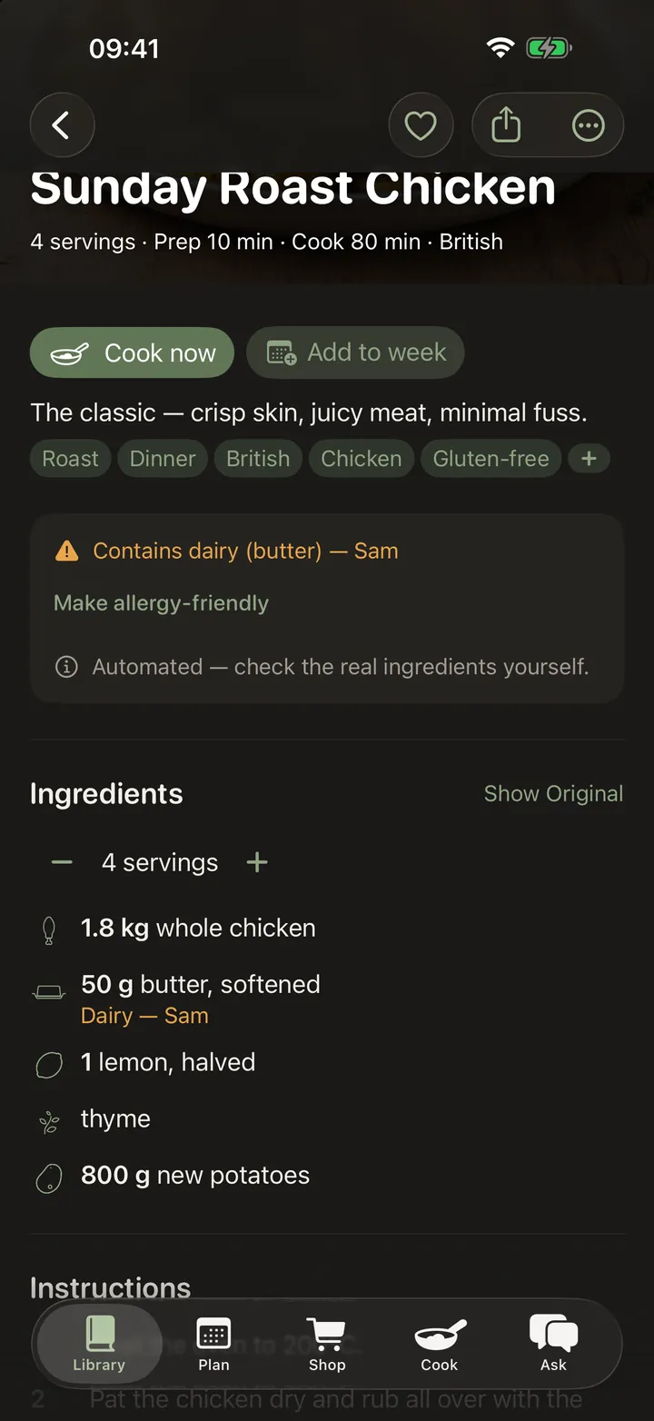 A roast chicken recipe: a gluten-free tag under the title, a servings stepper, an ingredient list with an illustration beside each item, and numbered instructions.