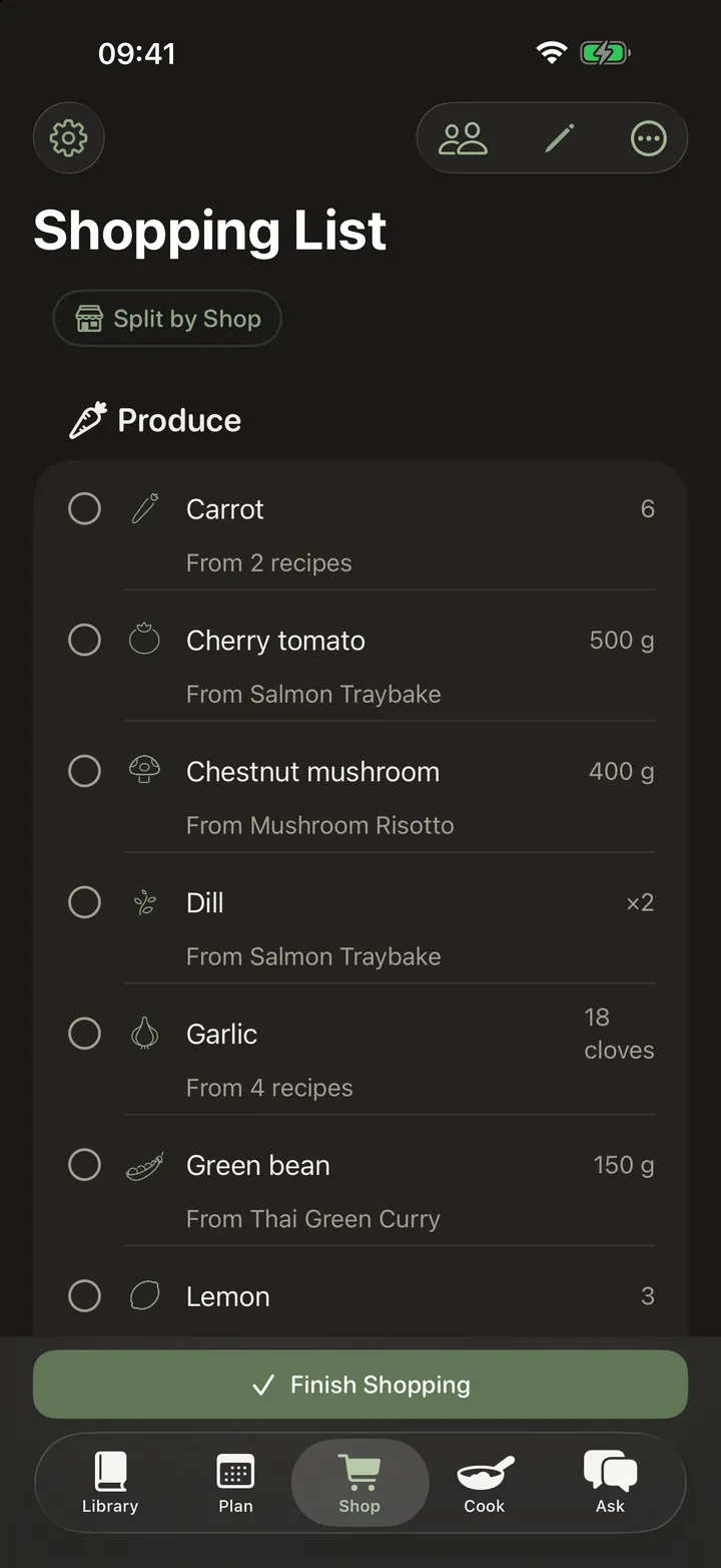 The shopping list in the shop: produce items with an illustration and an amount each, every one with an empty circle to tick off as it goes in the trolley.