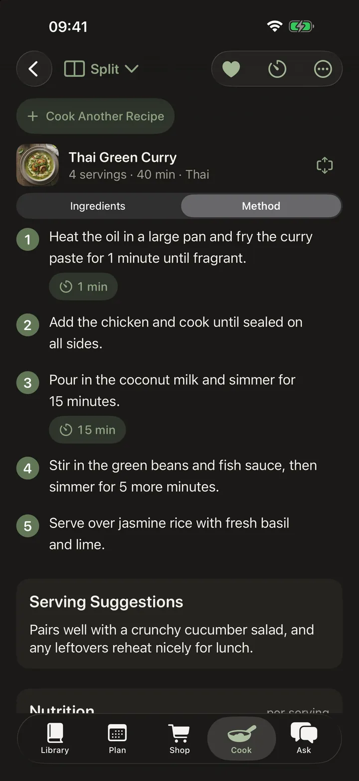 A curry recipe's method: numbered steps with a timer button lifted out of the step that mentions a duration, then serving suggestions and per-serving nutrition.