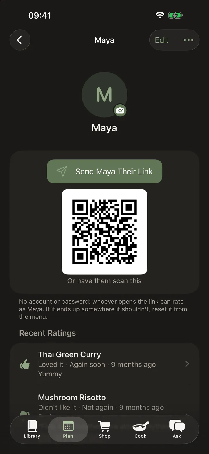 One person's page in the household: their allergies, the foods they won't eat and the ones they dislike, each on its own row, then the private link that lets them rate meals without an account.