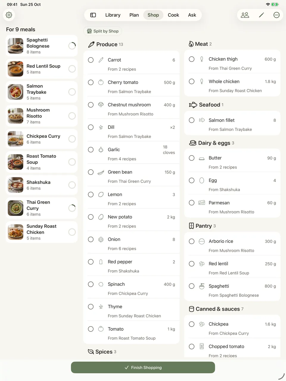 The shopping list in the shop at tablet width: produce, meat, seafood, dairy, pantry, canned goods, spices and drinks spread over two columns, each item with an illustration and an amount, and an empty circle to tick off as it goes in the trolley.