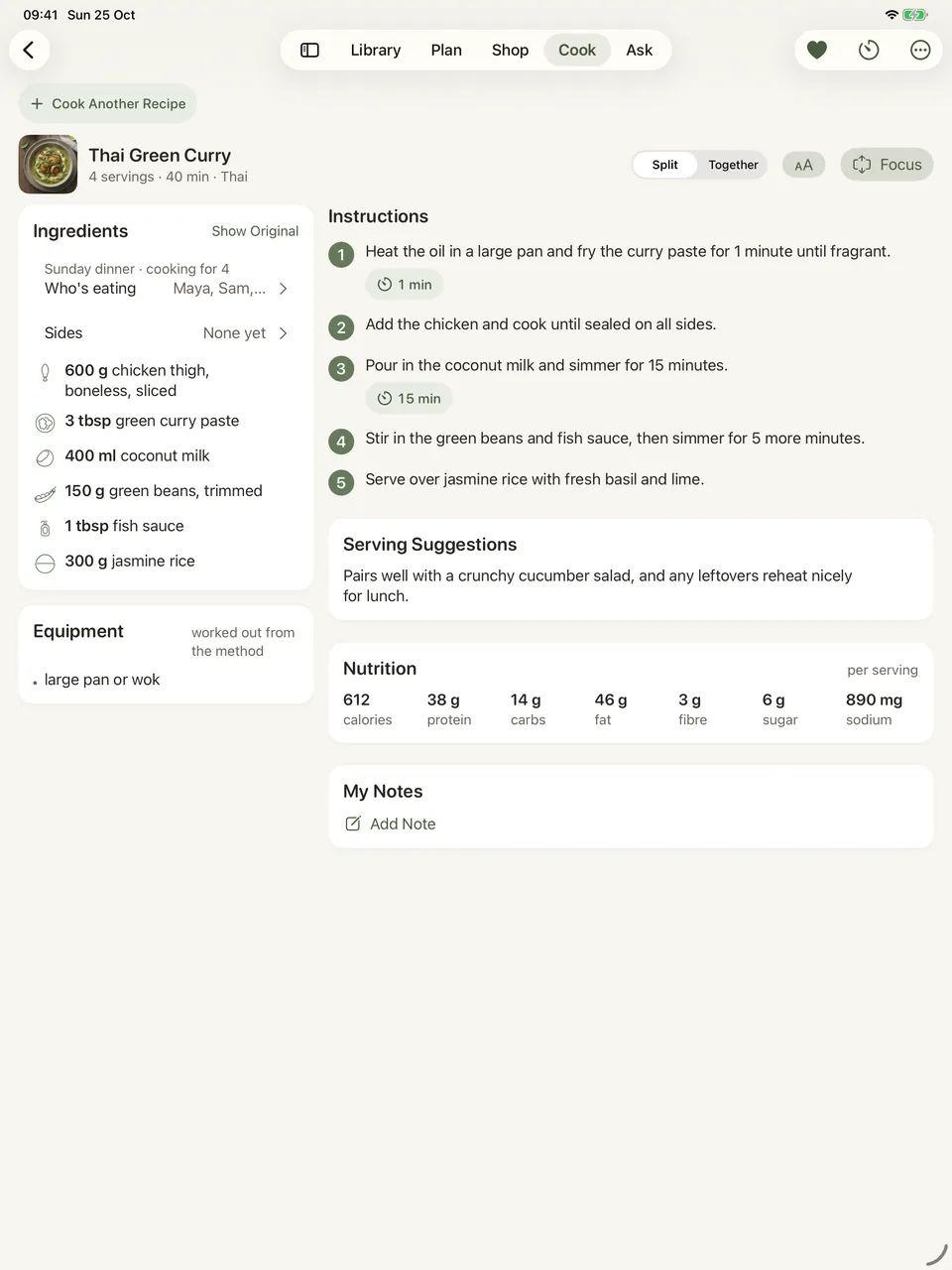 A curry recipe at tablet width: the ingredients in a column down the left, and beside them the numbered method with a timer button lifted out of each step that mentions a duration, then serving suggestions and per-serving nutrition.