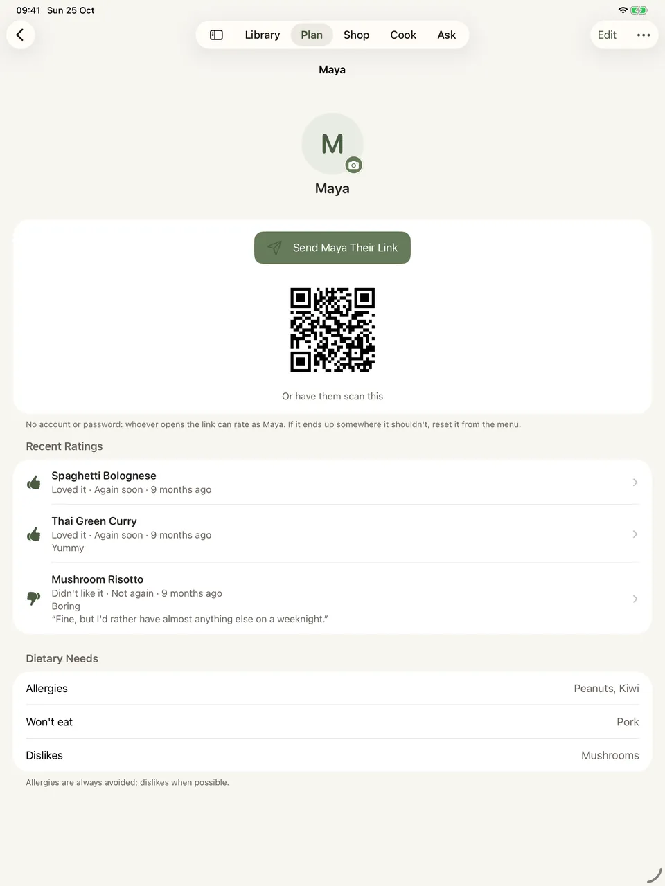 One person's page at tablet width, floating as a panel over the recipe library: their allergies, the foods they won't eat and the ones they dislike, each on its own row, a note that allergies are hard constraints and dislikes are only avoided when possible, and beneath it the private rating link with buttons to share it or issue a new one.