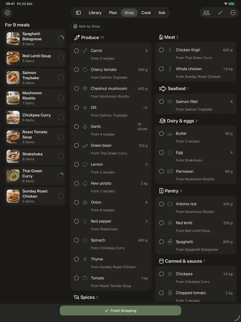 The shopping list in the shop at tablet width: produce, meat, seafood, dairy, pantry, canned goods, spices and drinks spread over two columns, each item with an illustration and an amount, and an empty circle to tick off as it goes in the trolley.
