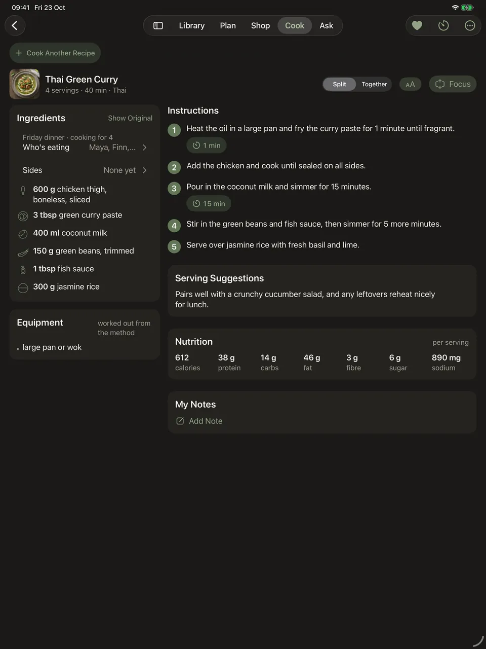A curry recipe at tablet width: the ingredients in a column down the left, and beside them the numbered method with a timer button lifted out of each step that mentions a duration, then serving suggestions and per-serving nutrition.