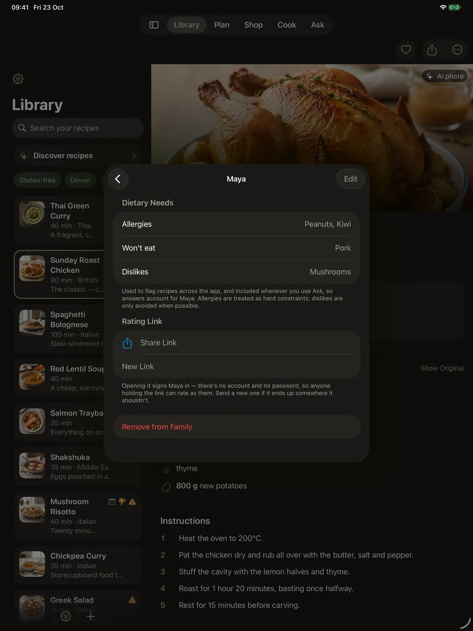 One person's page at tablet width, floating as a panel over the recipe library: their allergies, the foods they won't eat and the ones they dislike, each on its own row, a note that allergies are hard constraints and dislikes are only avoided when possible, and beneath it the private rating link with buttons to share it or issue a new one.