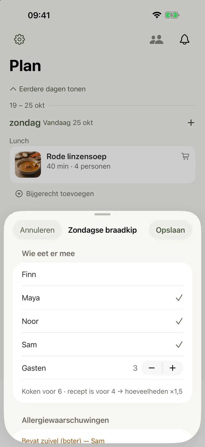 Een venster voor één maaltijd: iedereen in huis met een vinkje bij wie er mee-eet, een teller voor gasten, een regel die zegt dat de hoeveelheden zijn bijgeschaald, en een allergiewaarschuwing met de naam van degene om wie het gaat.