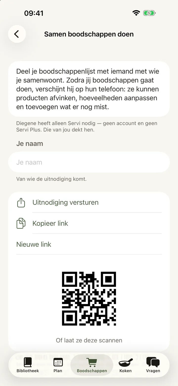Het scherm om een boodschappenlijst te delen: een korte uitleg, knoppen om een uitnodiging te sturen of de link te kopiëren, een QR-code die de ander kan scannen, en een regel dat de link één keer werkt en zeven dagen geldig is.