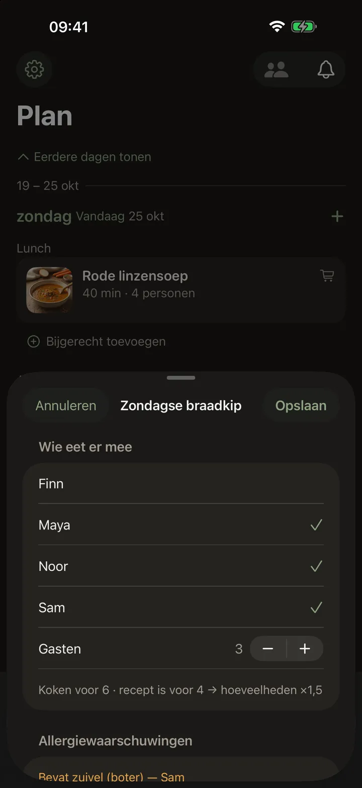 Een venster voor één maaltijd: iedereen in huis met een vinkje bij wie er mee-eet, een teller voor gasten, een regel die zegt dat de hoeveelheden zijn bijgeschaald, en een allergiewaarschuwing met de naam van degene om wie het gaat.