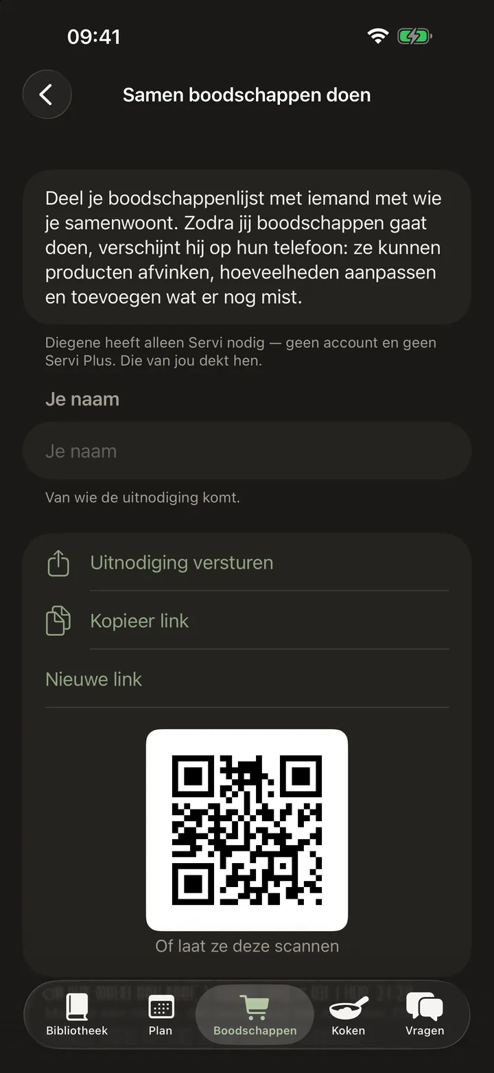 Het scherm om een boodschappenlijst te delen: een korte uitleg, knoppen om een uitnodiging te sturen of de link te kopiëren, een QR-code die de ander kan scannen, en een regel dat de link één keer werkt en zeven dagen geldig is.