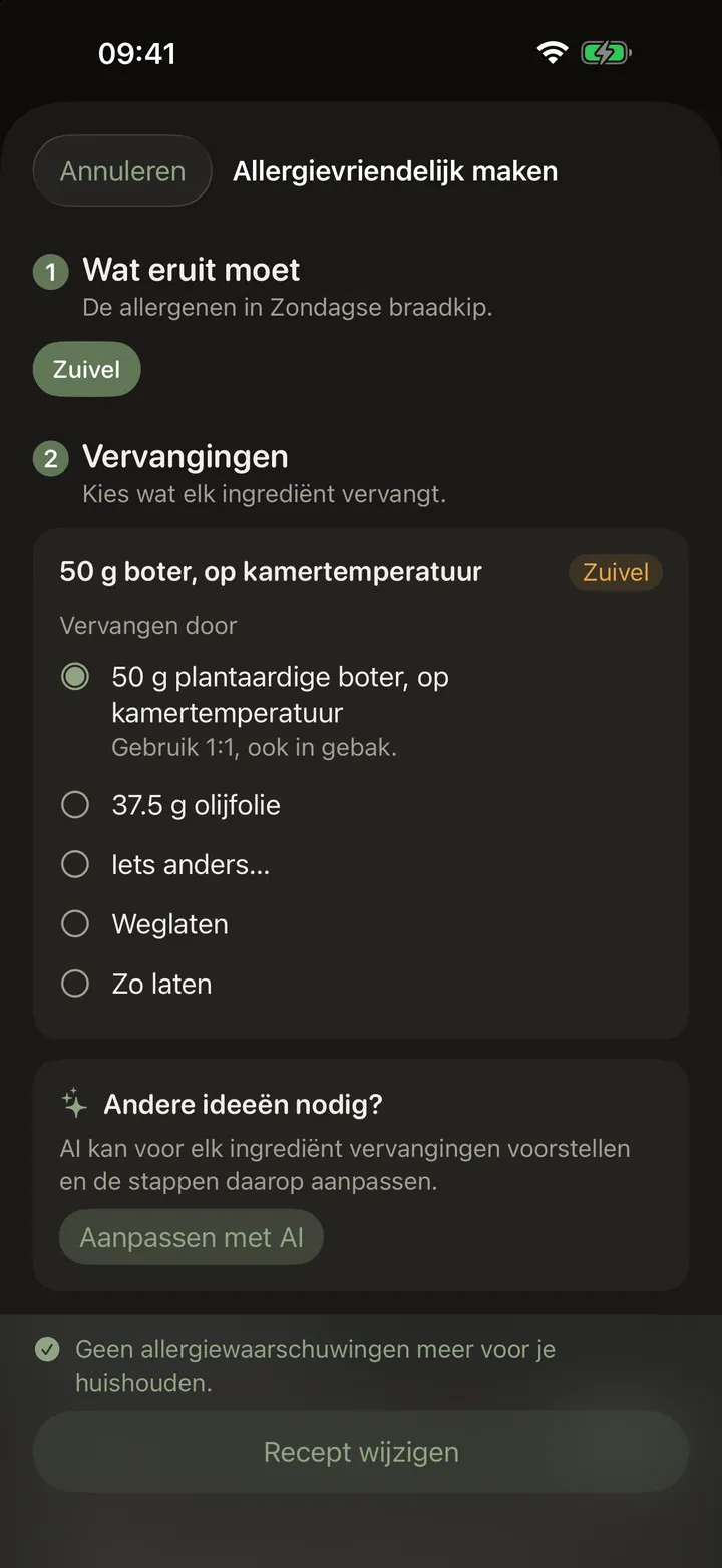 Een venster om de geroosterde kip aan te passen: zuivel aangevinkt als het allergeen dat eruit moet, een lijst met vervangers voor de boter waarbij plantaardige boter is gekozen, een knop om AI om andere ideeën te vragen, en onderaan een regel dat er voor het huishouden geen allergiewaarschuwingen overblijven.