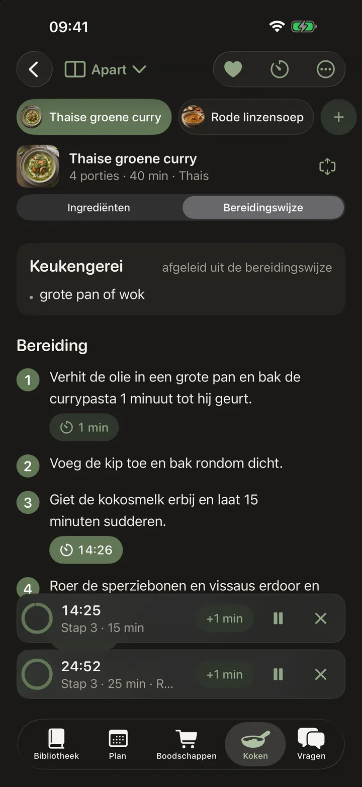 Twee recepten tegelijk koken: een Thaise groene curry en een rode linzensoep als tabbladen bovenaan, de bereidingswijze van de curry met een lopende timer bij de derde stap, en onderaan twee timers die aftellen, één voor elk recept.
