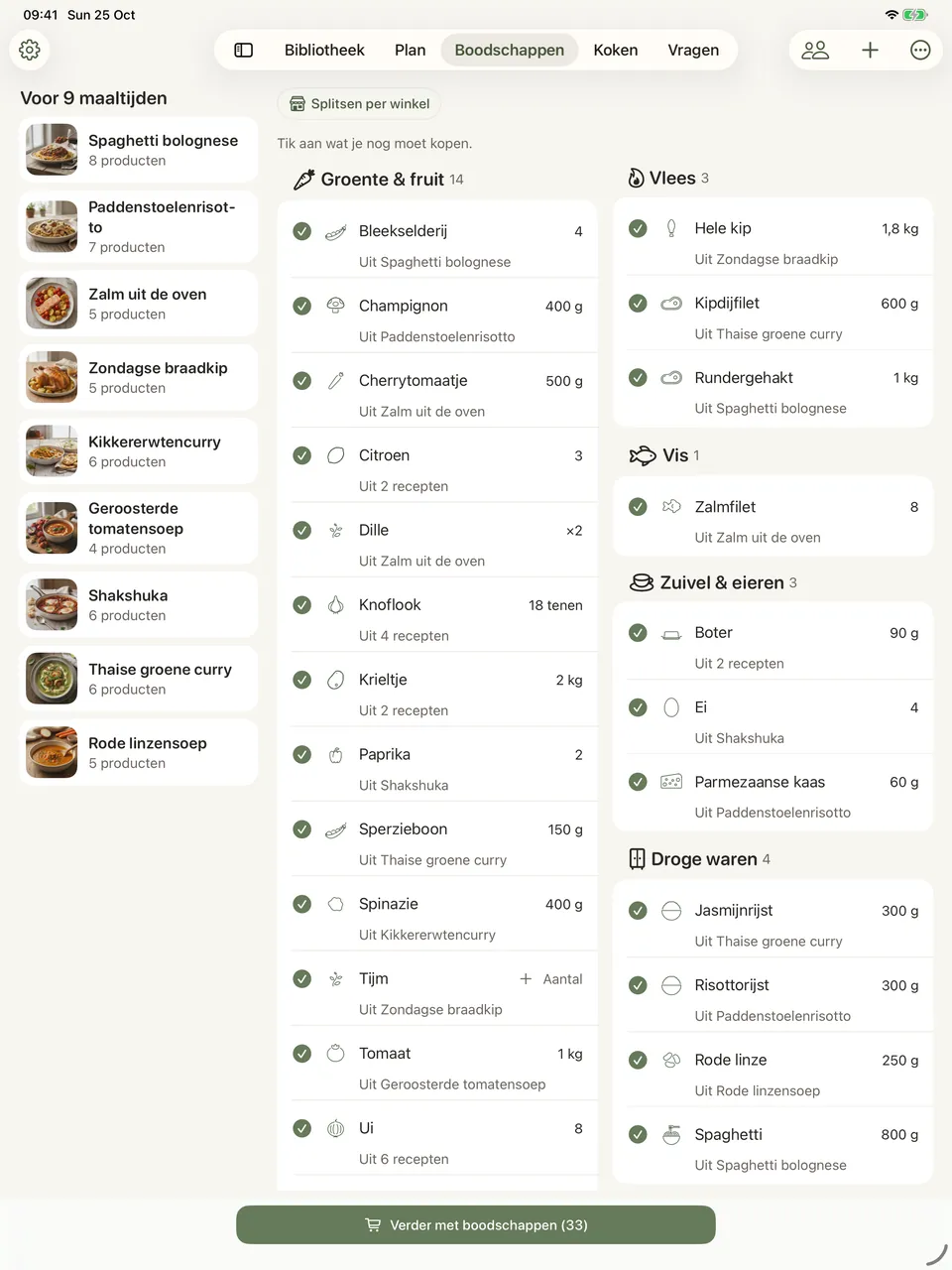 De boodschappenlijst wordt samengesteld op tabletbreedte in twee kolommen: links groente en fruit en het begin van de voorraadkast, daarnaast vlees, vis en zuivel, elk item met een illustratie, een hoeveelheid en plus- en minknoppen, allemaal aangevinkt om te kopen.