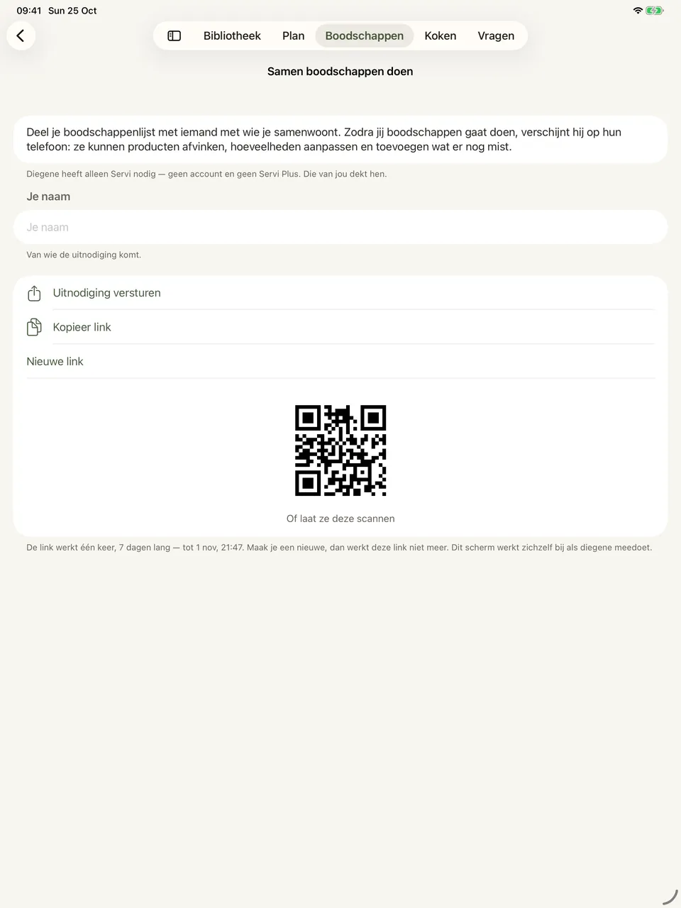 Het scherm om een boodschappenlijst te delen: een korte uitleg, knoppen om een uitnodiging te sturen of de link te kopiëren, een QR-code die de ander kan scannen, en een regel dat de link één keer werkt en zeven dagen geldig is.