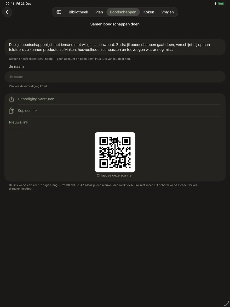 Het scherm om een boodschappenlijst te delen: een korte uitleg, knoppen om een uitnodiging te sturen of de link te kopiëren, een QR-code die de ander kan scannen, en een regel dat de link één keer werkt en zeven dagen geldig is.